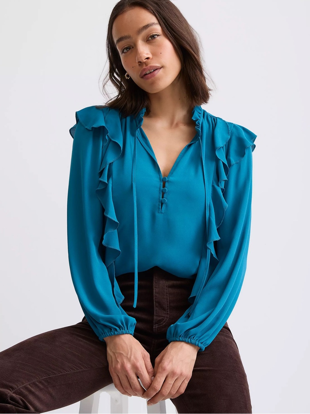 LOFT Ruffle Button Tie Neck Blouse XL